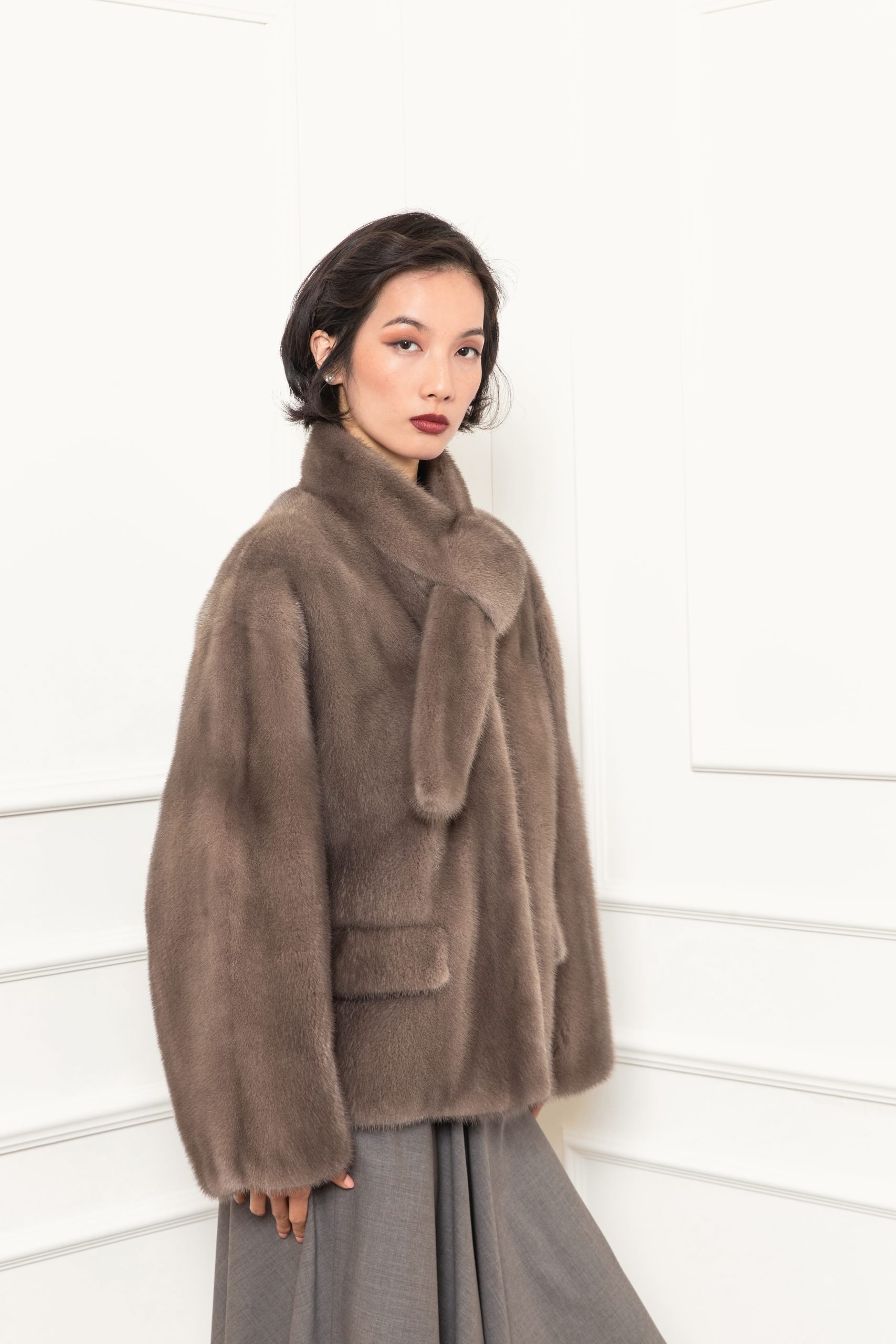 Mink jacket with scarf collar