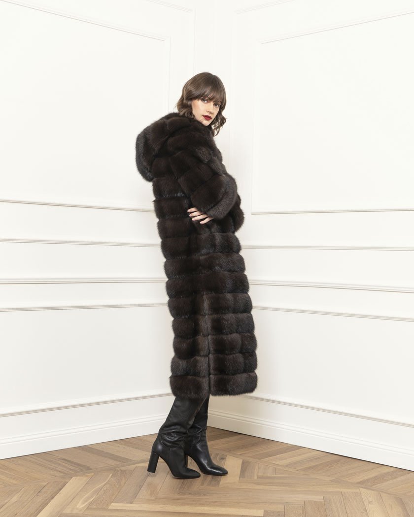 Hooded sable coat with detachable hem